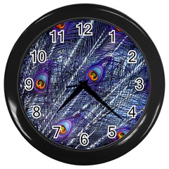 Peacock-feathers-color-plumage Blue Wall Clock (black) by danenraven