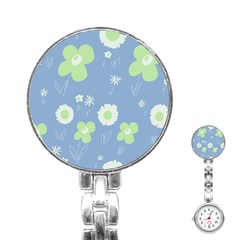 Daisy Flowers Pastel Green White Blue  Stainless Steel Nurses Watch by Mazipoodles