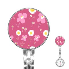 Daisy Flowers Pink White Yellow Dusty Pink Stainless Steel Nurses Watch by Mazipoodles