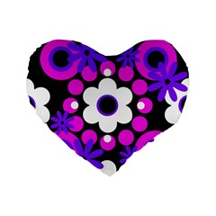 Flowers Pearls And Donuts Purple Hot Pink White Black  Standard 16  Premium Flano Heart Shape Cushions by Mazipoodles