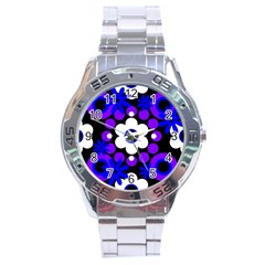 Flowers Pearls And Donuts Blue Purple White Black  Stainless Steel Analogue Watch by Mazipoodles