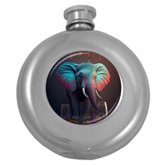 Ai Generated Elephant Tusks Trunk Wildlife Africa Round Hip Flask (5 Oz) by danenraven