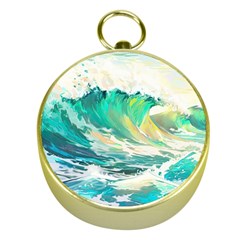 Ai Generated Waves Ocean Sea Tsunami Nautical Art Gold Compasses by Ravend