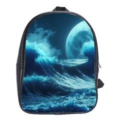 Moonlight High Tide Storm Tsunami Waves Ocean Sea School Bag (large) by Ravend