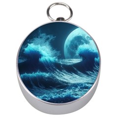 Moonlight High Tide Storm Tsunami Waves Ocean Sea Silver Compasses by Ravend