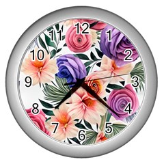 Country-chic Watercolor Flowers Wall Clock (silver) by GardenOfOphir