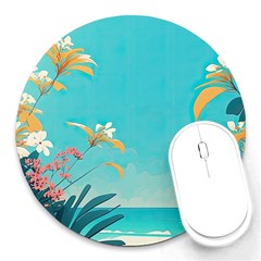 Beach Ocean Flowers Floral Plants Vacation Round Mousepad by Pakemis