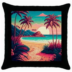 Palm Trees Tropical Ocean Sunset Sunrise Landscape Throw Pillow Case (black) by Pakemis