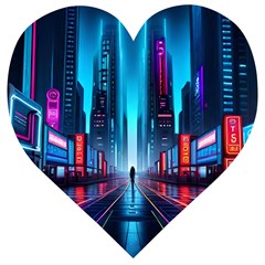 City People Cyberpunk Wooden Puzzle Heart by Jancukart