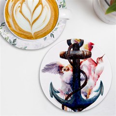 Anchor Watercolor Painting Tattoo Art Anchors And Birds Uv Print Round Tile Coaster by Salman4z