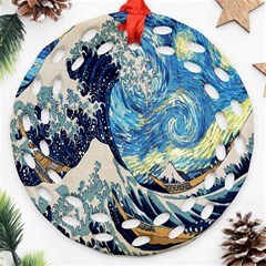 The Great Wave Of Kanagawa Painting Starry Night Van Gogh Ornament (round Filigree) by Sudheng