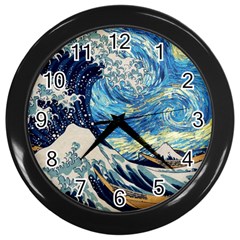 Starry Night Hokusai Van Gogh The Great Wave Off Kanagawa Wall Clock (black) by Sudheng