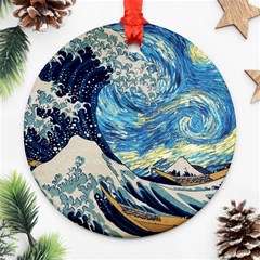 Starry Night Hokusai Van Gogh The Great Wave Off Kanagawa Round Ornament (two Sides) by Sudheng