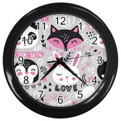 Big-set-with-cute-cartoon-animals-bear-panda-bunny-penguin-cat-fox Wall Clock (black) by Salman4z