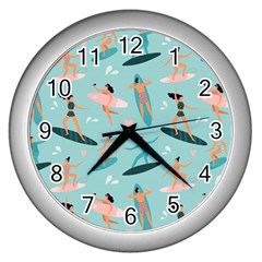 Beach-surfing-surfers-with-surfboards-surfer-rides-wave-summer-outdoors-surfboards-seamless-pattern- Wall Clock (silver) by Salman4z