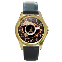 Coffee Cafe Espresso Drink Beverage Round Gold Metal Watch by Ravend