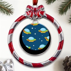 Seamless-pattern-ufo-with-star-space-galaxy-background Metal Red Ribbon Round Ornament by Salman4z