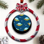 Seamless-pattern-ufo-with-star-space-galaxy-background Metal Red Ribbon Round Ornament Front