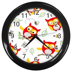 Seamless-pattern-vector-owl-cartoon-with-bugs Wall Clock (black) by Salman4z