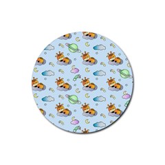 Pattern Giraffe Animal Seamless Scrapbooking Blue Rubber Round Coaster (4 Pack) by pakminggu