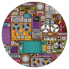 Pattern Design Art Techno Dj Music Retro Music Device Round Trivet by Bakwanart