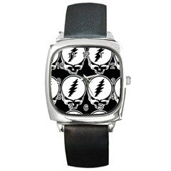 Black And White Deadhead Grateful Dead Steal Your Face Pattern Square Metal Watch by 99art