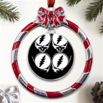 Black And White Deadhead Grateful Dead Steal Your Face Pattern Metal Red Ribbon Round Ornament Front