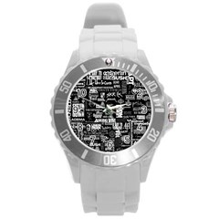 Music Pattern Black White Round Plastic Sport Watch (l) by 99art