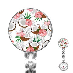 Seamless Pattern Coconut Piece Palm Leaves With Pink Hibiscus Stainless Steel Nurses Watch by Vaneshart