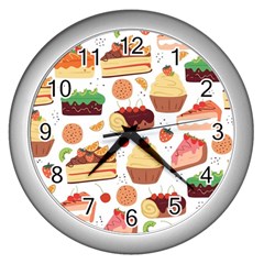 Seamless Pattern Hand Drawing Cartoon Dessert And Cake Wall Clock (silver) by Wav3s