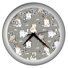 Cute Cat Pattern Cartoon Wall Clock (silver) by Cowasu