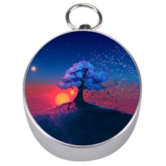 Dark Tree Sunset Landscape Art Silver Compasses by Ravend