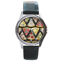 Vector-seamless-pattern-with-italian-pizza-top-view Round Metal Watch by uniart180623