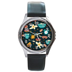 Seamless-pattern-with-breakfast-symbols-morning-coffee Round Metal Watch by uniart180623