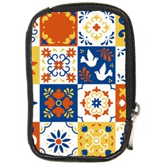 Mexican-talavera-pattern-ceramic-tiles-with-flower-leaves-bird-ornaments-traditional-majolica-style- Compact Camera Leather Case by uniart180623