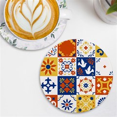 Mexican-talavera-pattern-ceramic-tiles-with-flower-leaves-bird-ornaments-traditional-majolica-style- Uv Print Round Tile Coaster by uniart180623