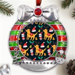 Funny Christmas Pattern Background Metal X Mas Ribbon With Red Crystal Round Ornament Front