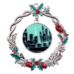 Buildings City Urban Destruction Background Metal X mas Wreath Holly leaf Ornament Front