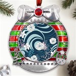 Flowers Pattern Floral Ocean Abstract Digital Art Metal X Mas Ribbon With Red Crystal Round Ornament Front