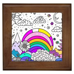 Rainbow Fun Cute Minimal Doodle Drawing Art Framed Tile by uniart180623