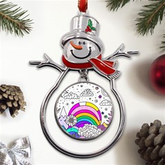 Rainbow Fun Cute Minimal Doodle Drawing Art Metal Snowman Ornament by uniart180623