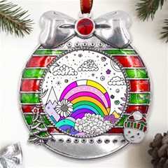 Rainbow Fun Cute Minimal Doodle Drawing Art Metal X mas Ribbon With Red Crystal Round Ornament by uniart180623