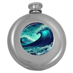 Ai Generated Waves Ocean Sea Tsunami Nautical Fantasy Round Hip Flask (5 Oz) by uniart180623