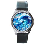 Tsunami Tidal Wave Ocean Waves Sea Nature Water Blue Painting Round Metal Watch Front