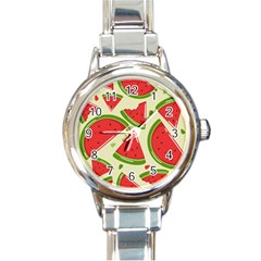 Cute Watermelon Seamless Pattern Round Italian Charm Watch by Simbadda