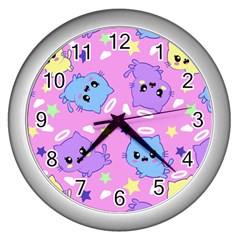 Seamless Pattern With Cute Kawaii Kittens Wall Clock (silver) by Simbadda