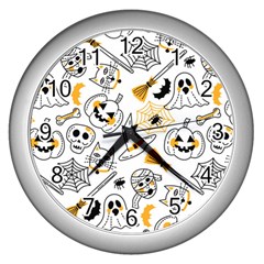 Funny Hand Drawn Halloween Pattern Wall Clock (silver) by Simbadda