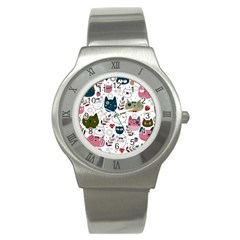 Pattern With Cute Cat Heads Stainless Steel Watch by Simbadda