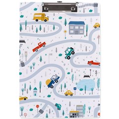 Cute Children Seamless Pattern With Cars Road Park Houses White Background Illustration Town Cartooo A4 Acrylic Clipboard by Simbadda