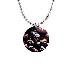 Halloween Party Skulls, Demonic Pumpkins Pattern 1  Button Necklace by Casemiro